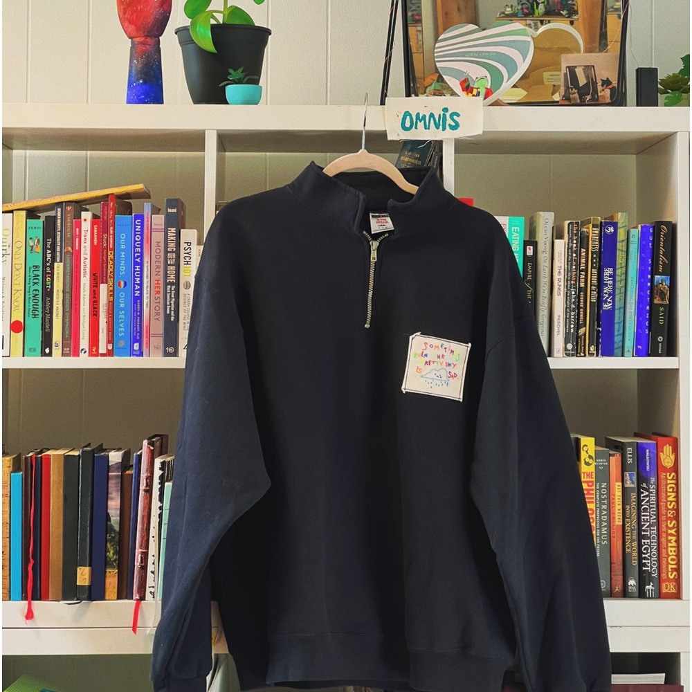 1/4 zipper black sweater soft with embroidery patch art